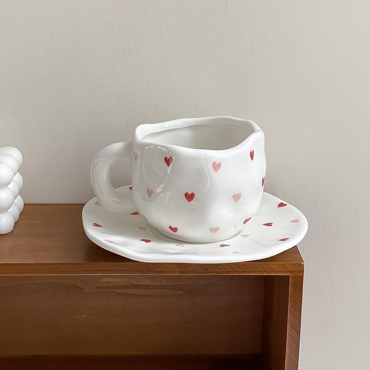 Valentine's Day Irregular Ceramic Coffee Mug and Saucer Set with Hand-Kneaded Texture