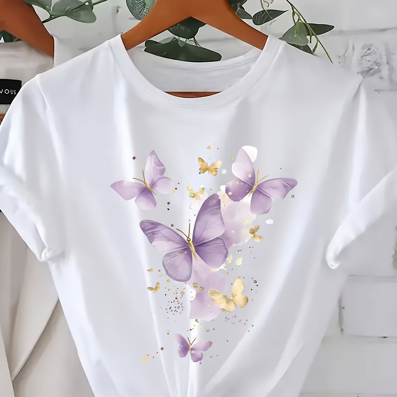 Women's Purple Butterfly Graphic T-Shirt Casual Short Sleeve Floral Top