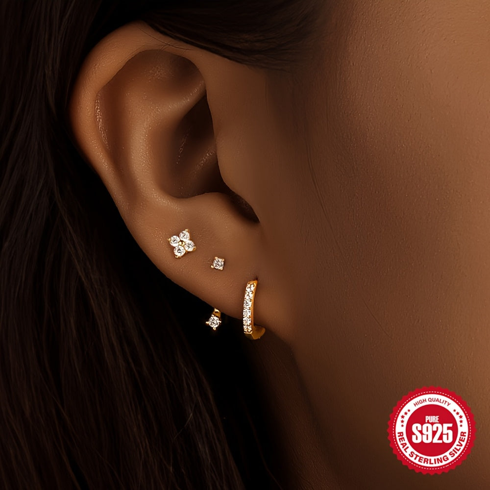 Set of 3 Sterling Silver Stud Earrings with Synthetic Zirconia April Birthstone for All-Season Wear