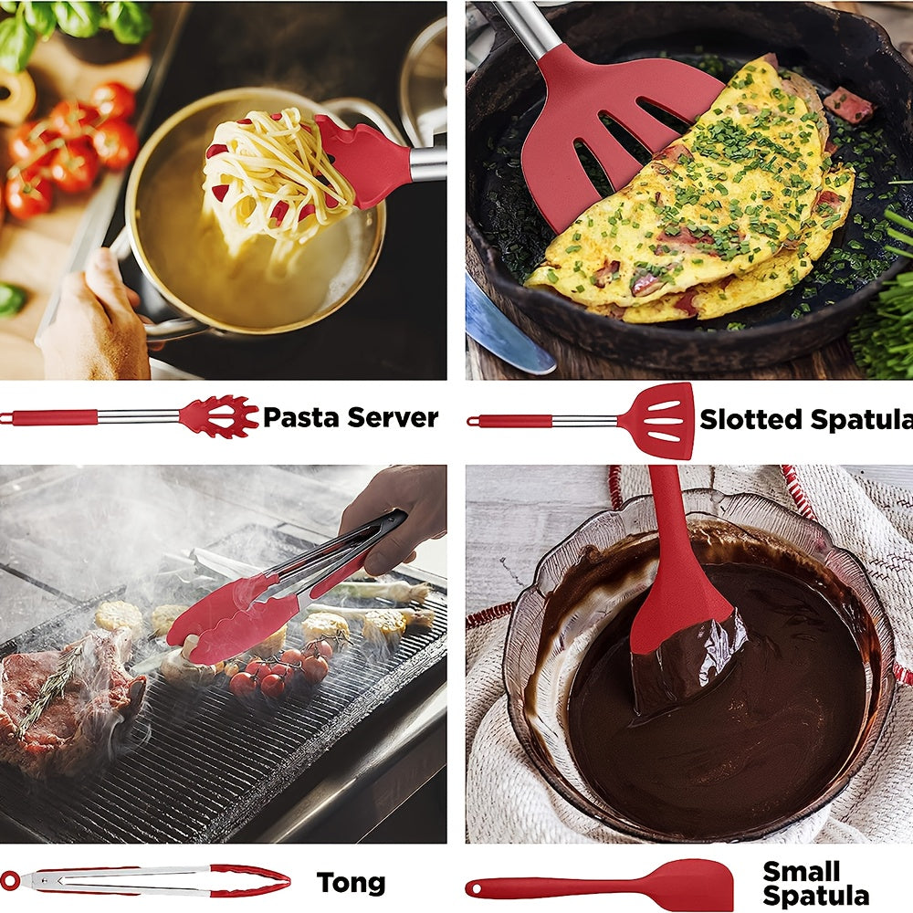 15-Piece Silicone Kitchen Utensil Set with Stainless Steel Handles for Cooking