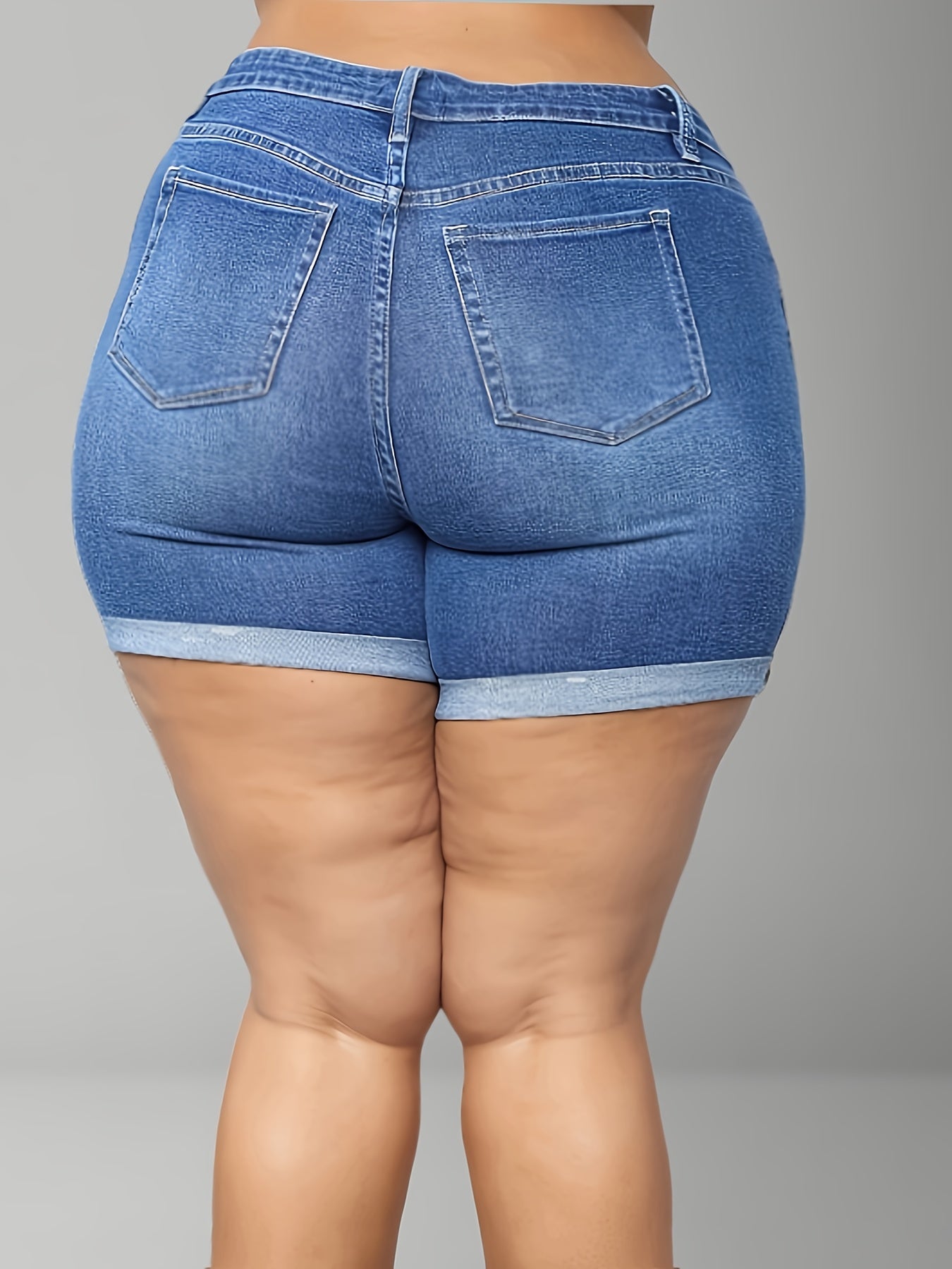 Shorts de talla grande, elásticos y versátiles con dobladillo enrollado para mujer, azul, cintura de 16 pulgadas