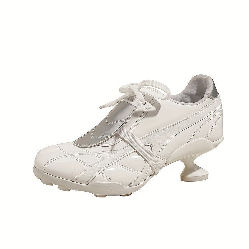 Women's White High Heel Shoes with Lace-Up Closure and Chunky Heel
