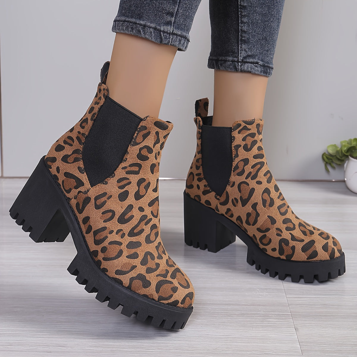 Women's Short Boots With Chunky Heel, Stretch Fabric, Comfortable Ankle Shoes