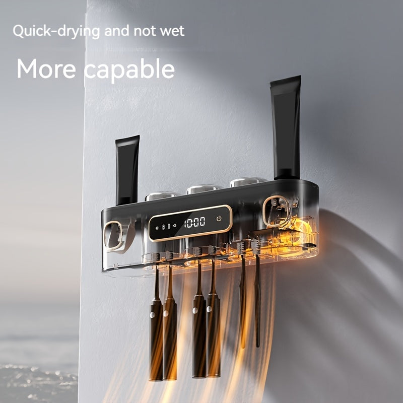 Black Wall-Mounted USB Rechargeable Smart Toothbrush Holder with Double Toothpaste Dispenser