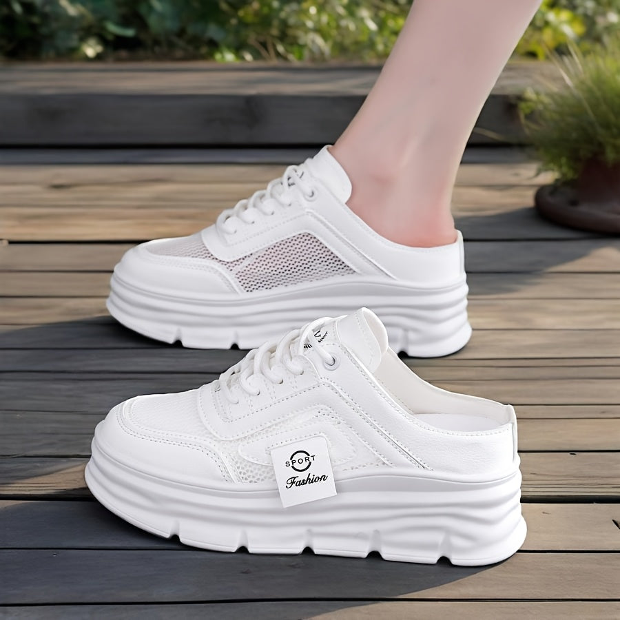 Women'S Casual Sneakers with Thick Platform Sole White Black Breathable Fabric