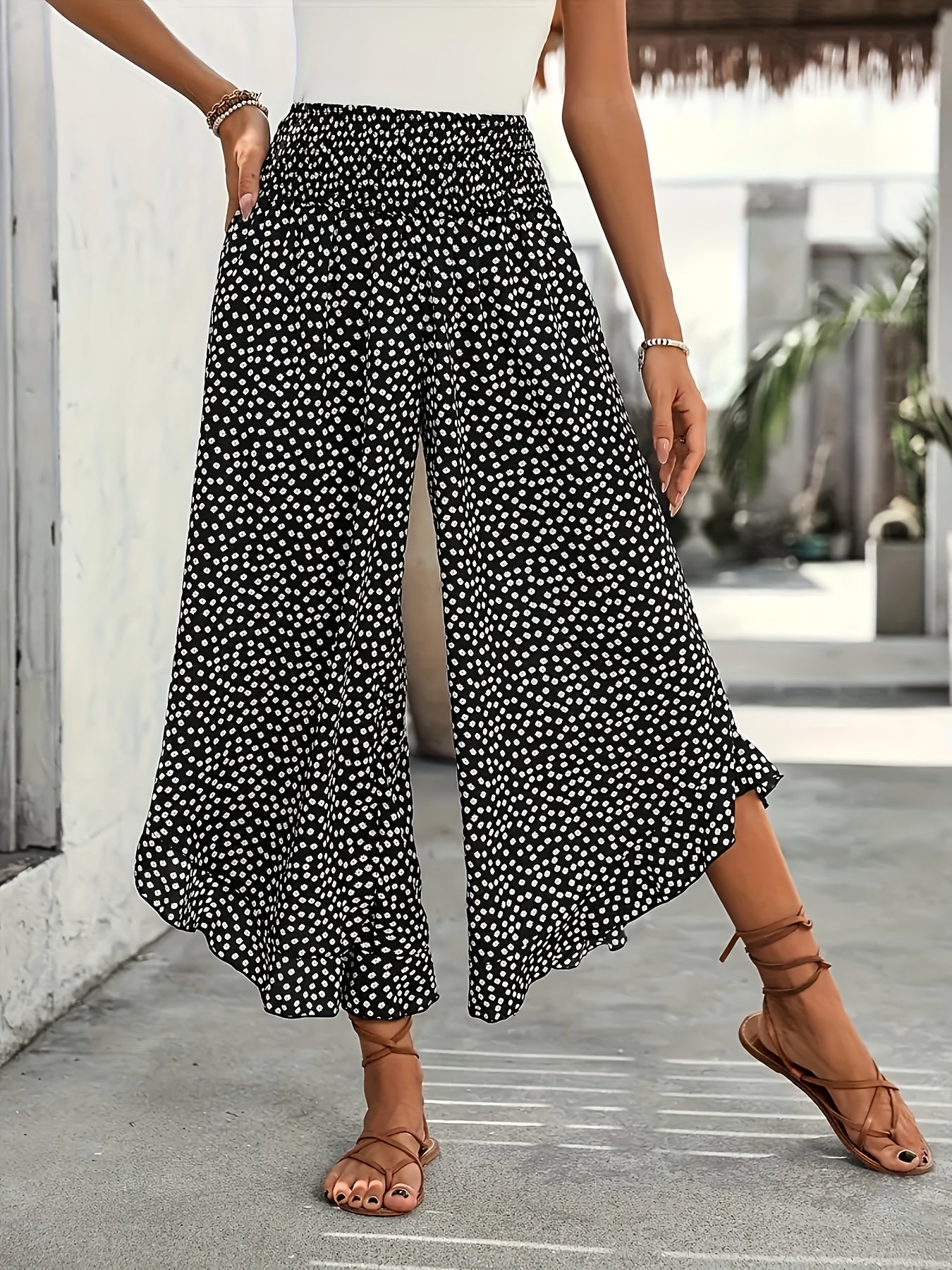 Women’s Summer Black Floral Wide-Leg Palazzo Pants Ruffle Detail Casual