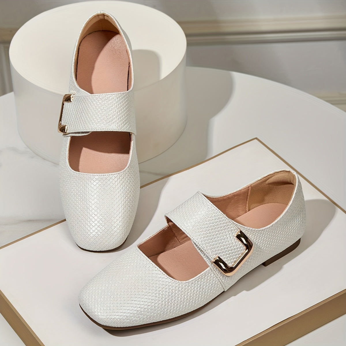Women's Mary Jane Flats Square Toe Non-Slip Soft Sole Casual Shoes in White Beige Yellow