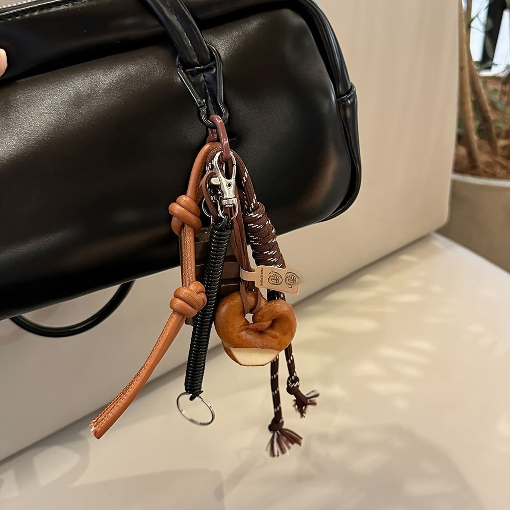 Rock-Inspired Faux Leather Keychain with Chocolate Pretzel Donut Charms and Tassel
