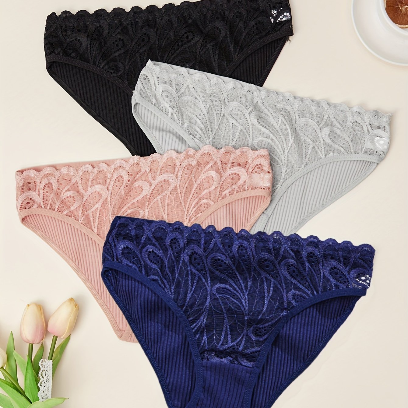 Women’s Cotton Briefs Set 4 Pieces Mid Rise Lace Solid Comfortable Stretchy