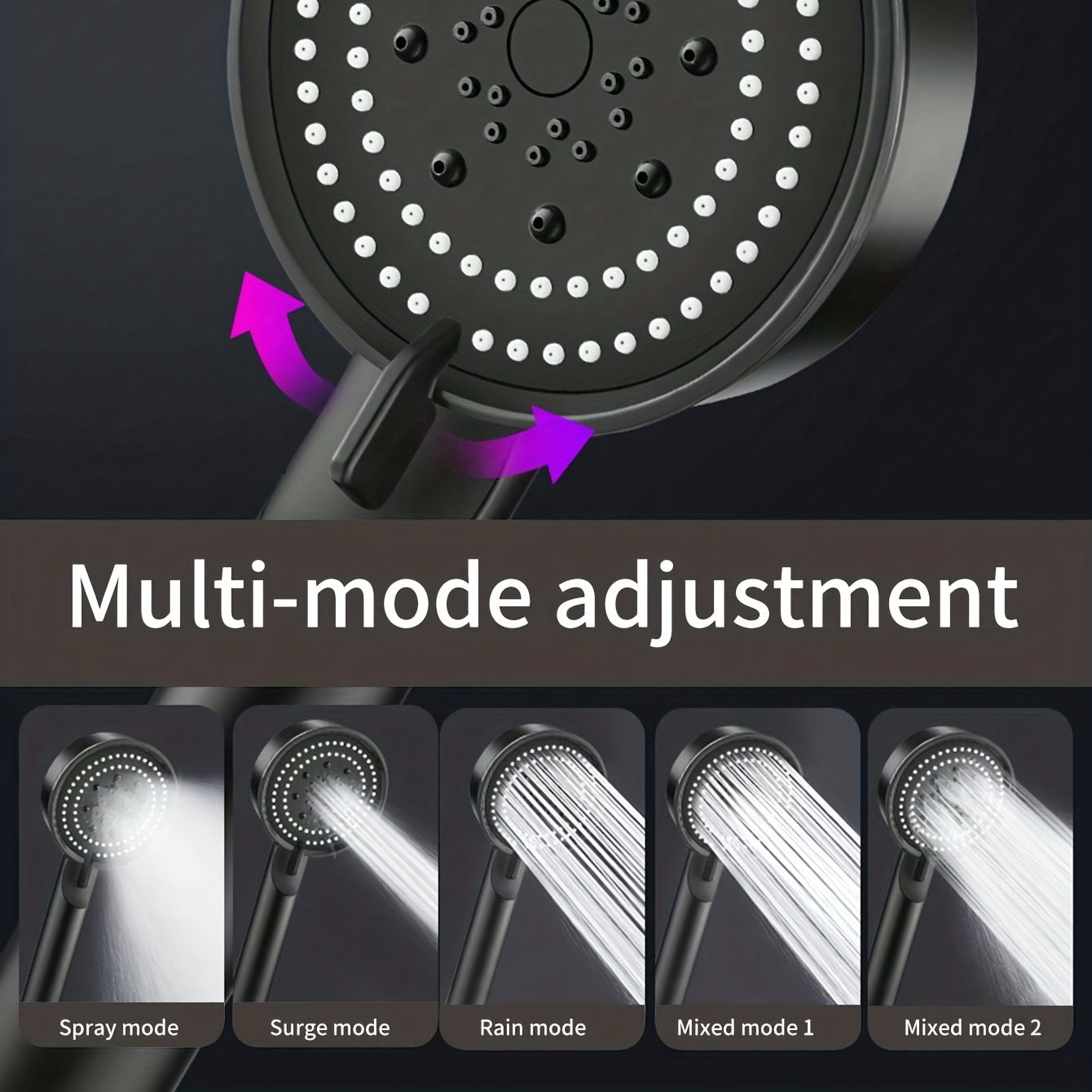 Black Shower Head with Five-Speed Settings and Stop Button Pressurized Spray Bath Set with Lotus Design