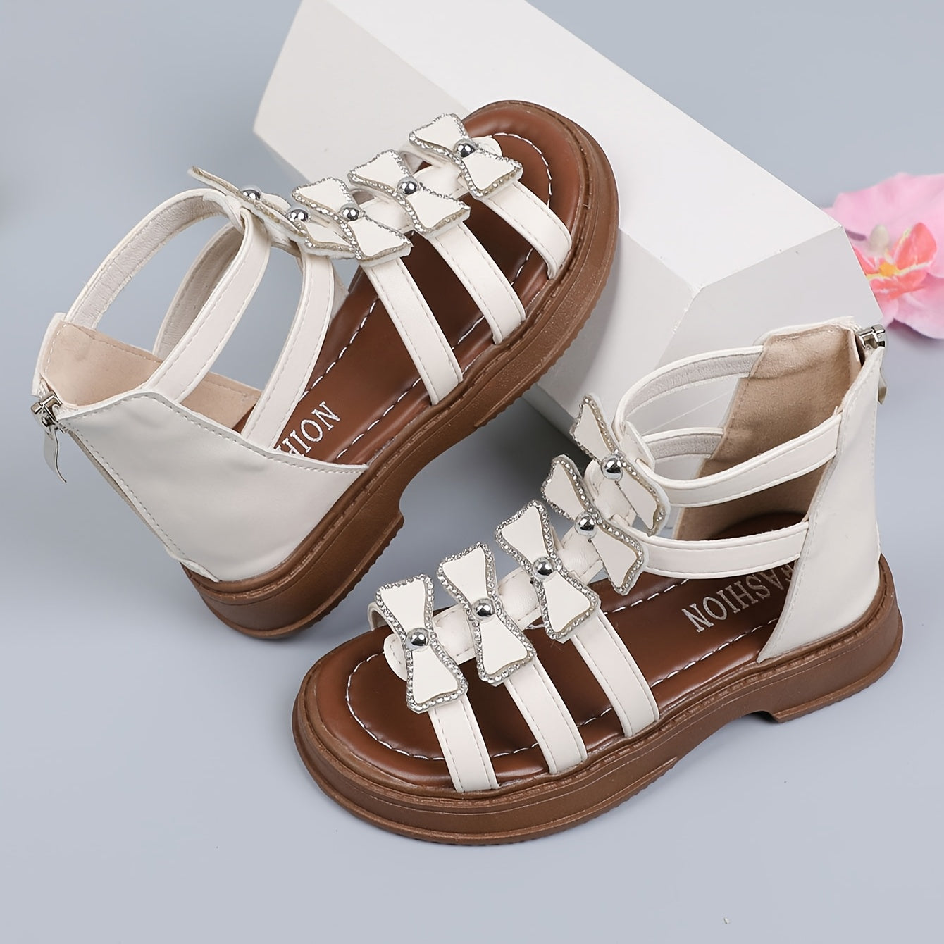 Girls Striped Mid-Top Roman Sandals with Zipper Closure PU Upper PVC Sole Summer Footwear