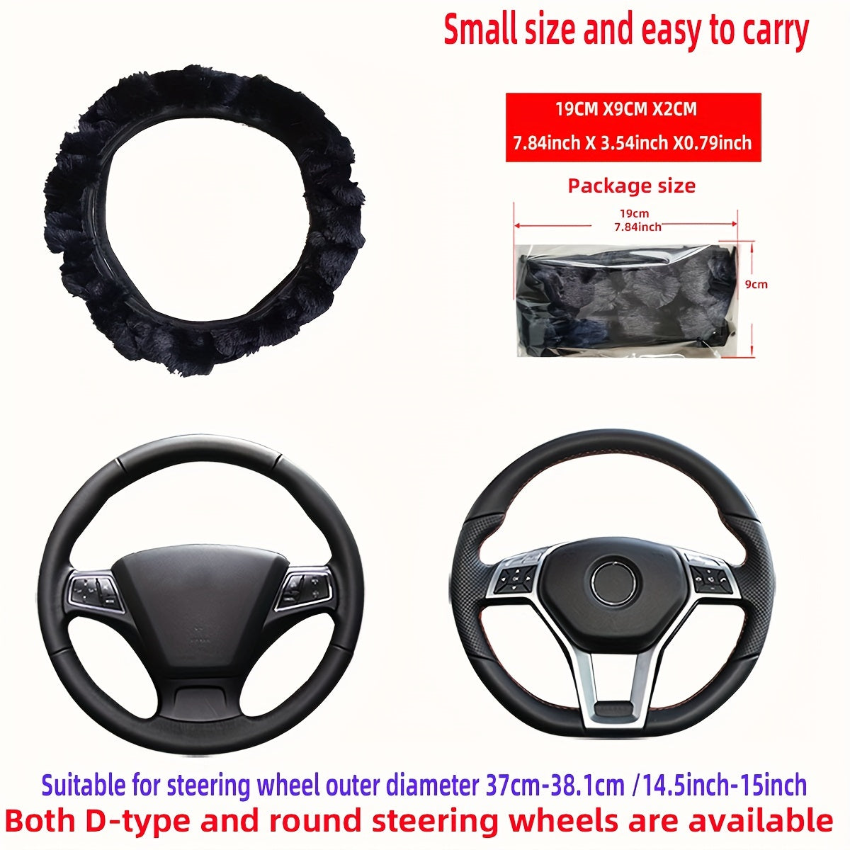 Winter Plush Car Steering Wheel Cover Faux Rabbit Fur Black White Stitching