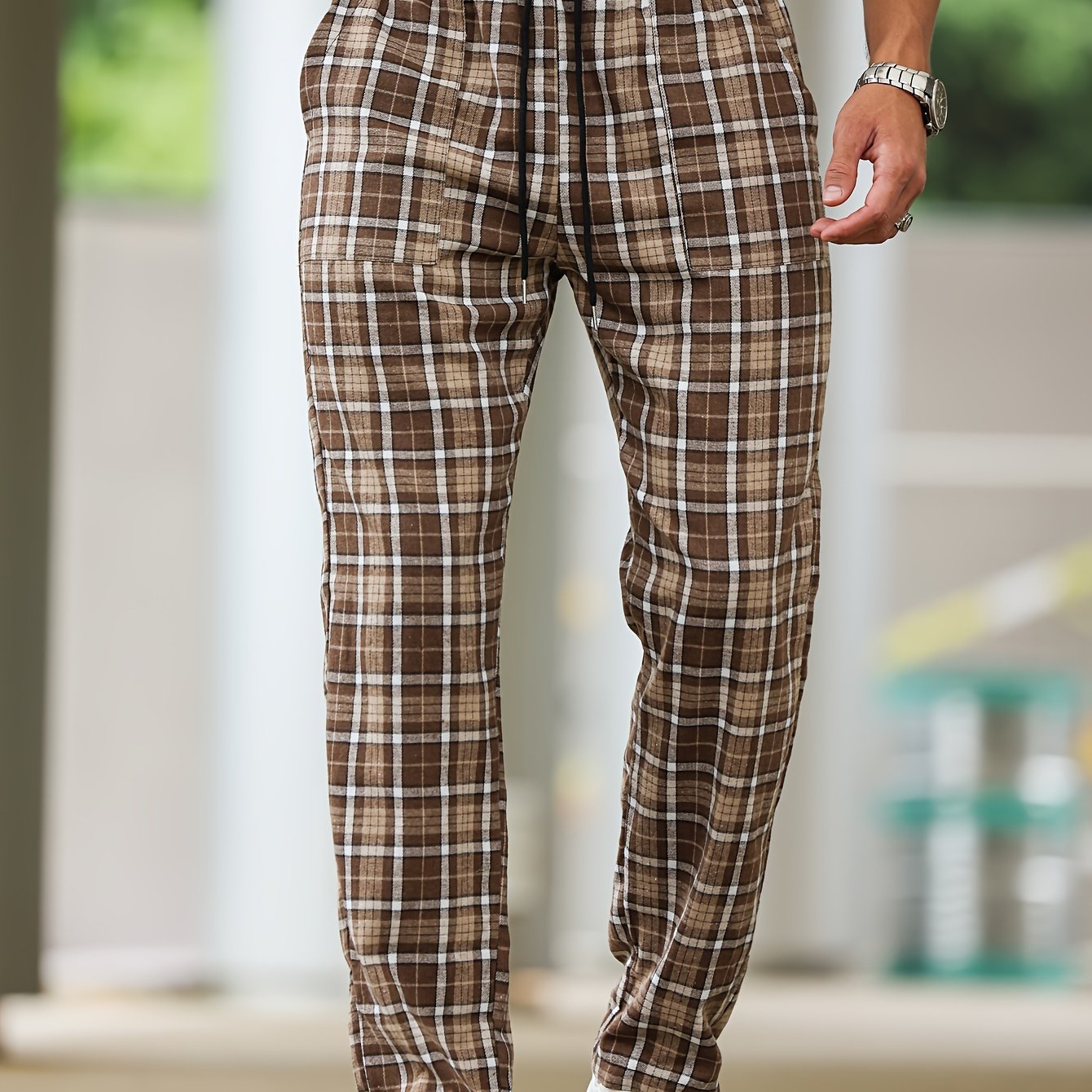 Men's Casual Plaid Woven Polyester Drawstring Lounge Pants