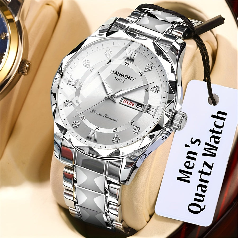 Men's Stainless Steel Watch with Roman Numerals Dial and Rhinestones