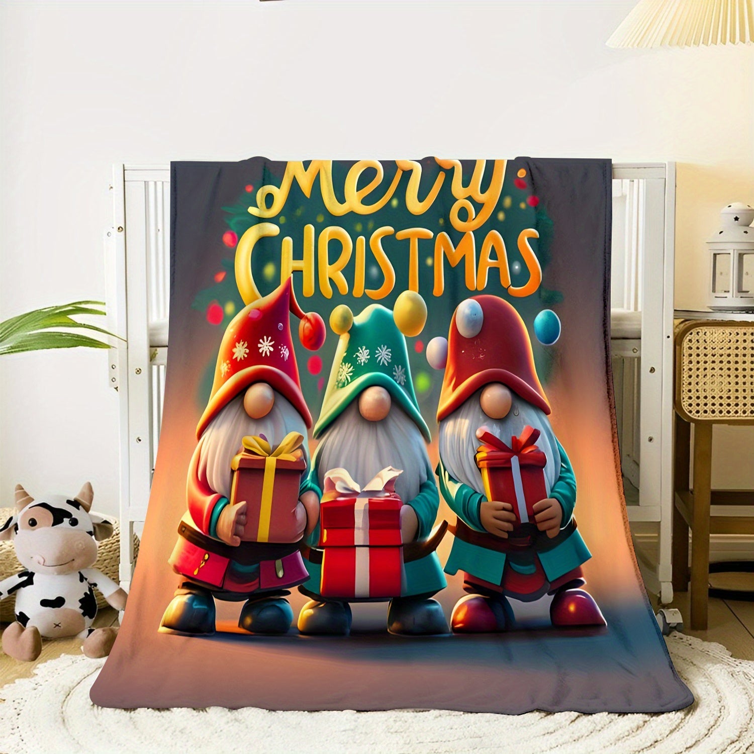 Printed Christmas Gnome Blanket for Sofa Bed Camping Light Polyester 200-250g
