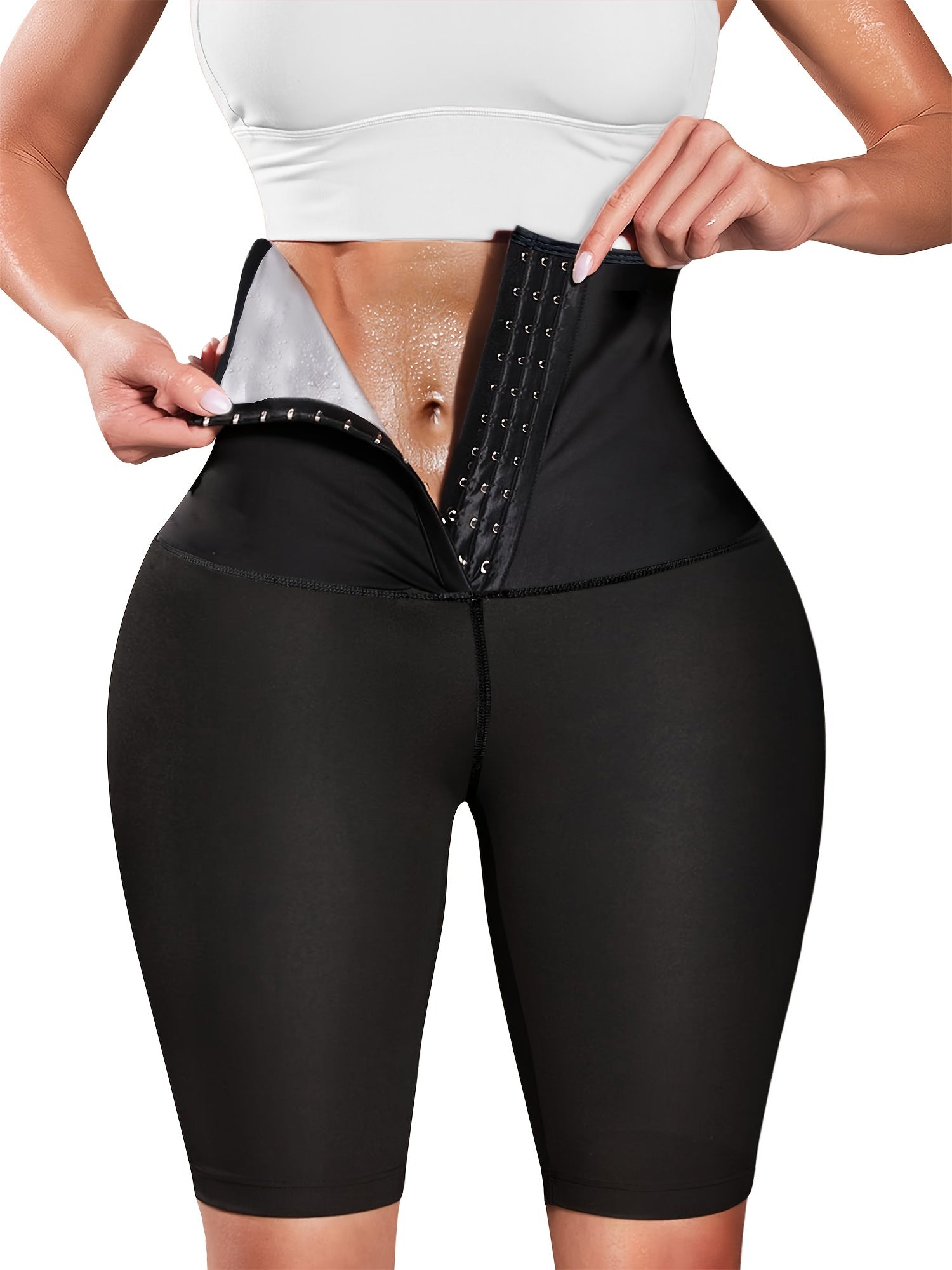 Women's High-Waisted Sauna Sweat Shorts Tummy Control Slimming Workout Leggings Black Polyester Elastane