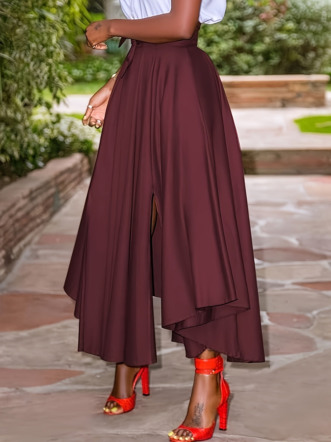 Plus Size Midi Skirt with Belt Side Slit High Waist Non-Stretch Polyester for Spring Summer Fall