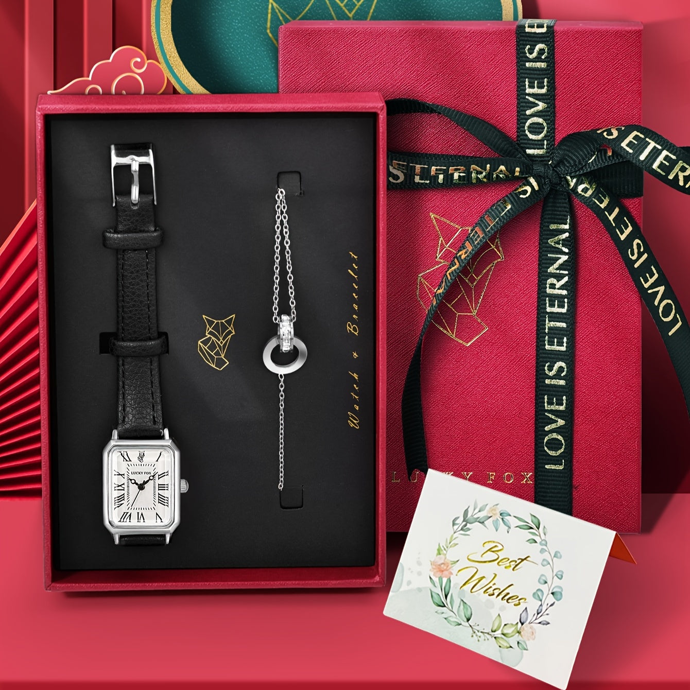 Vintage Business Watch and Bracelet Gift Set with Quartz Movement PU Leather Band Pointer Display