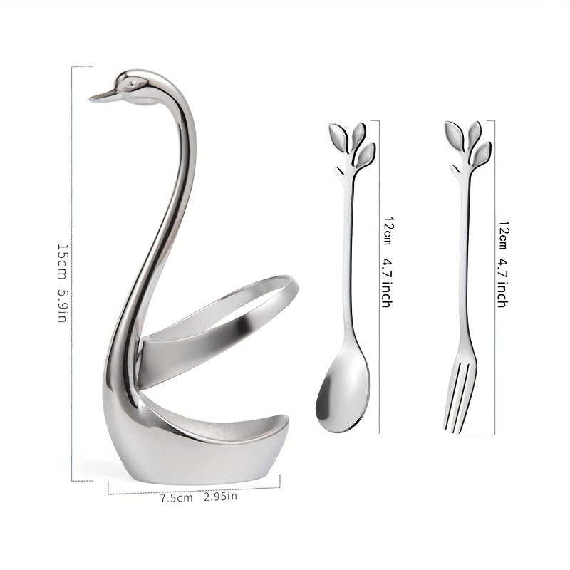 Set of 7 Coffee Spoons with Swan Base Stainless Steel Leaf Forks Mirror Finish