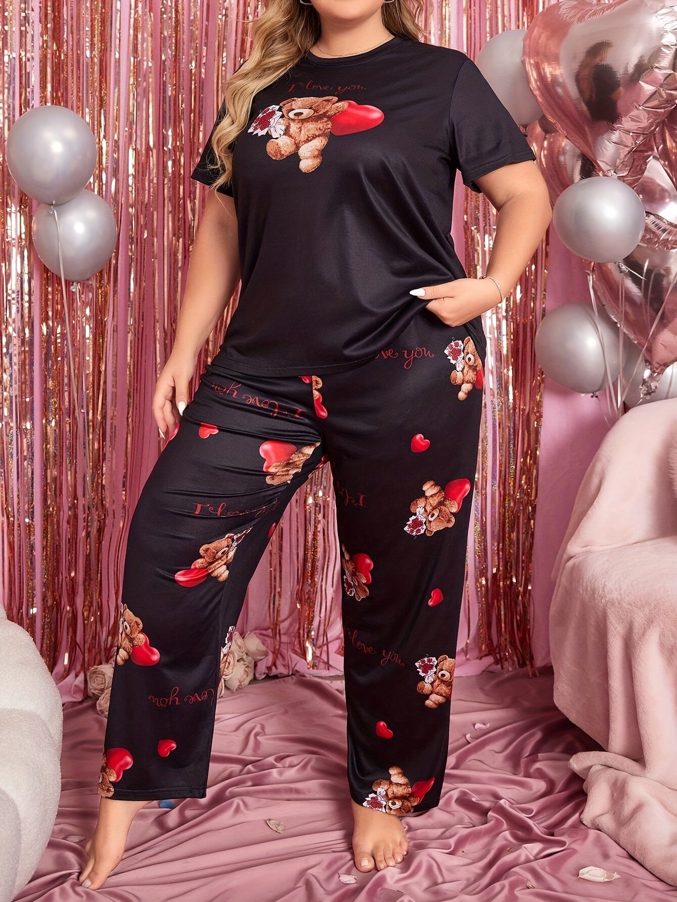 Women's Plus Size Pajama Set Polyester Knit Heart Bear Sleepwear All-Season
