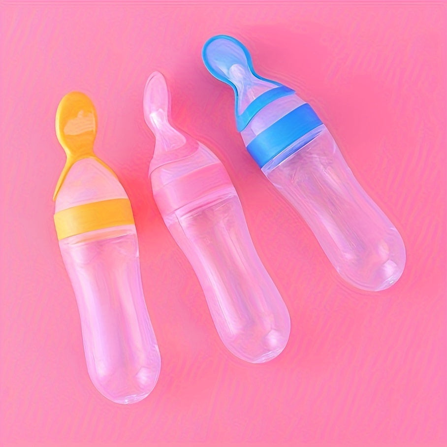 Silicone Baby Feeding Bottle with Spoon for Food and Medicine Dispensing 0+ Blue Green Pink