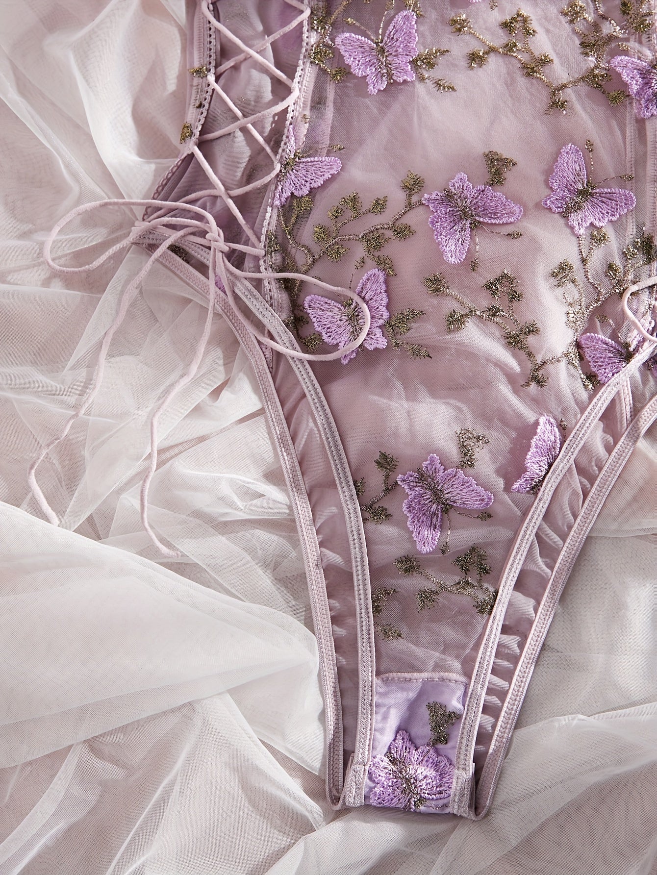 Боди с вышивкой в виде фиолетовой бабочки, глубоким V-образным вырезом на спине, с thong-низом, из прозрачной сетки, ручная стирка, для женщин.