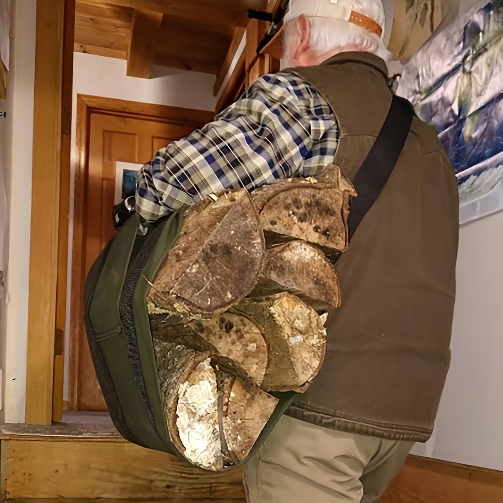 Heavy-Duty Canvas Firewood Storage Bag with Adjustable Shoulder Strap and LED Flashlight