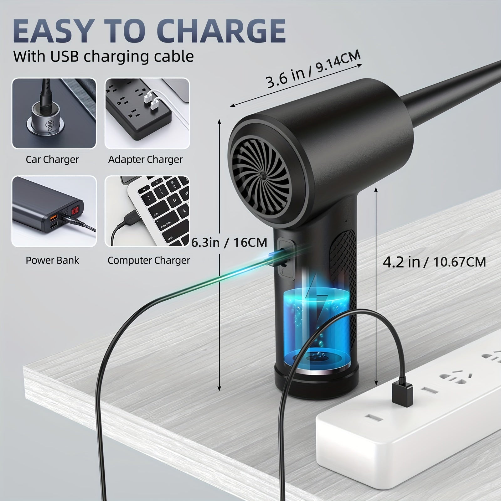 Black Portable Electric Air Duster 3-Speed Rechargeable Cordless with LED Light