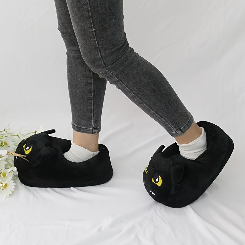 Ayollar uchun qulay qishki ichki poyabzal, yumshoq mato, uy ichidagi oyoq kiyimlari, qora mushuk dizayni