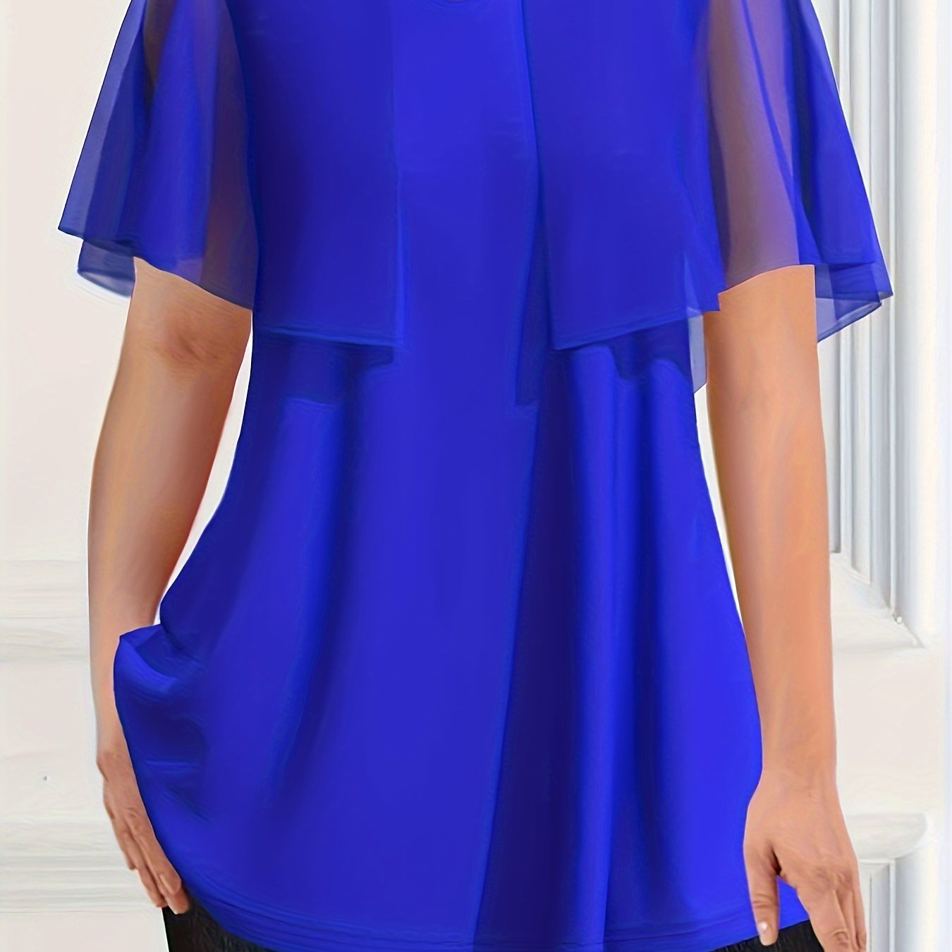 Plus Size Women's Royal Blue Chiffon Blouse with Flowing Sleeves