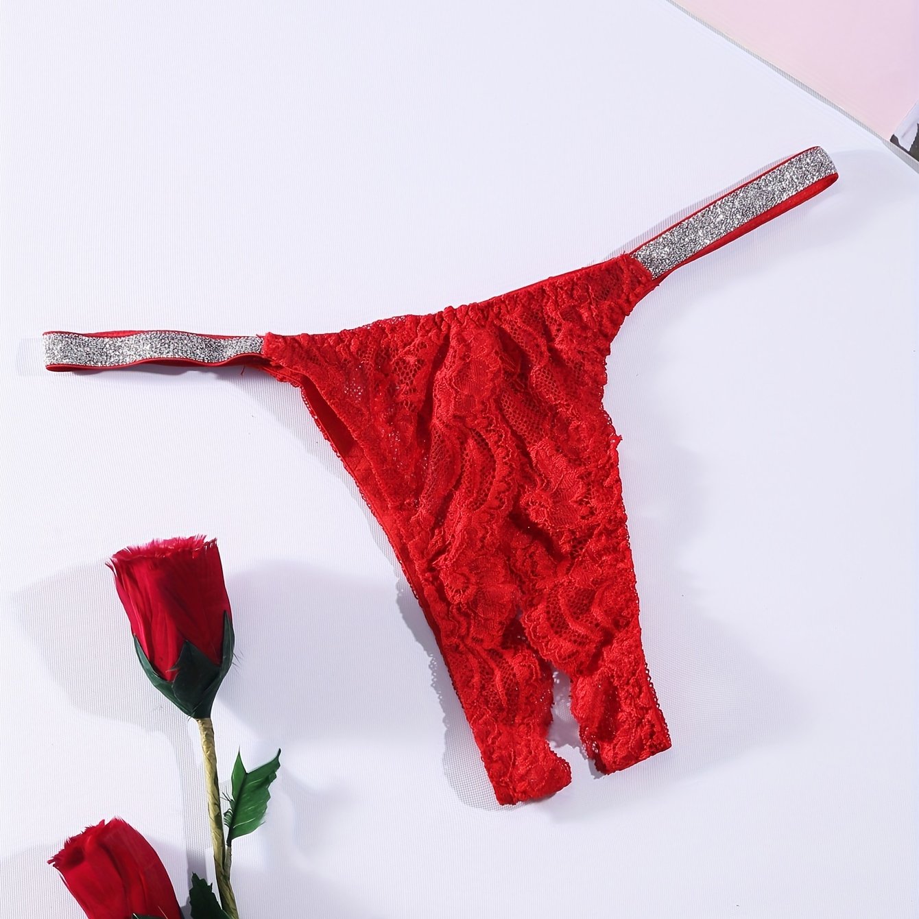 Women's Solid Color Knit Fabric Thong Lingerie with Lace Panel and Sheer Design