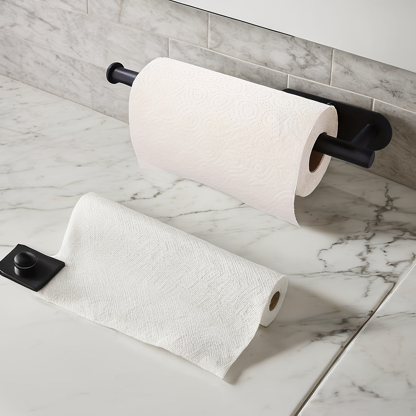 Kitchen Paper Towel Holder Dual Roll Capacity Black Plastic Wall Mount Organizer for Kitchen Bathroom