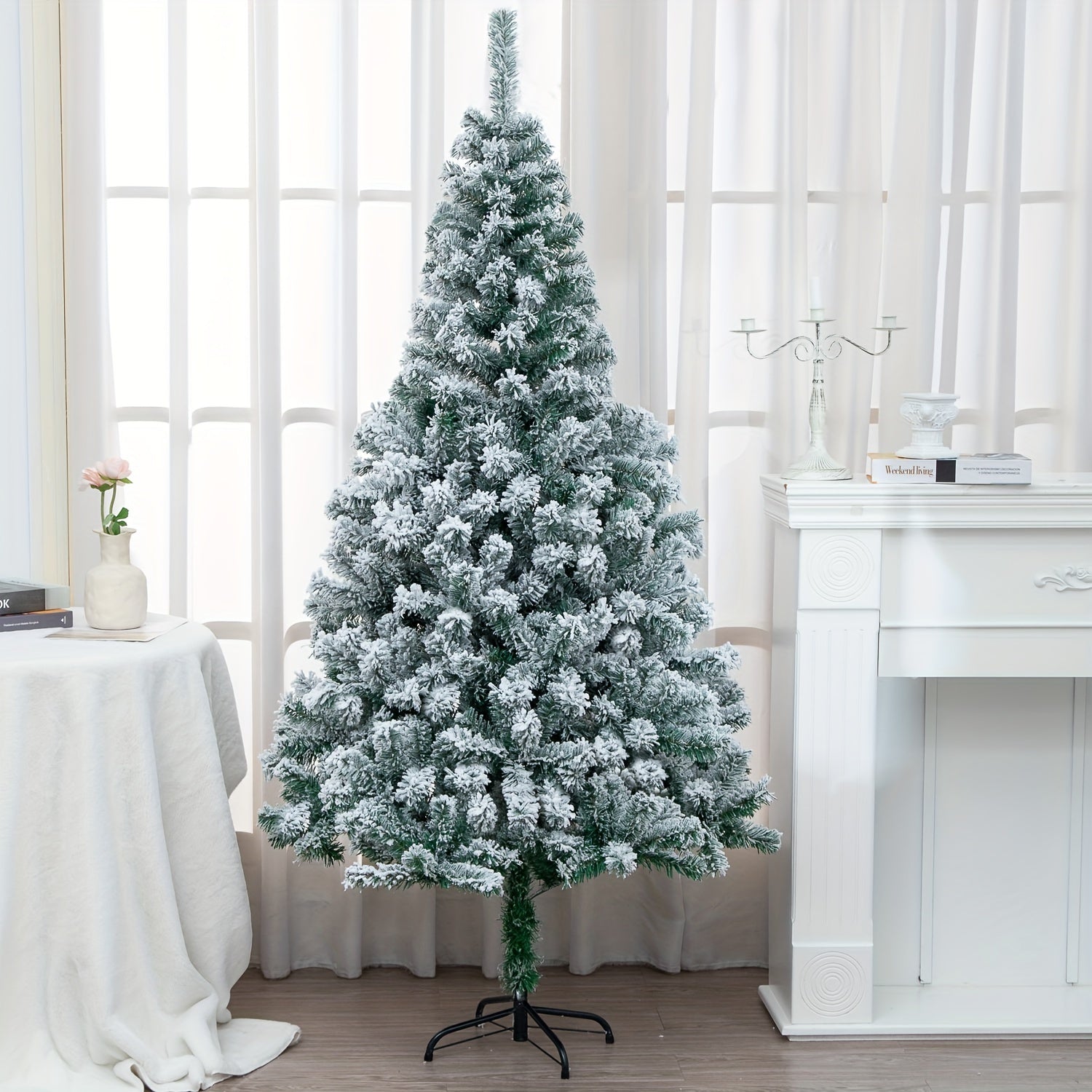 Flocked Artificial Cedar Christmas Tree White Reusable Easy Assembly Decorative for Home Office Party