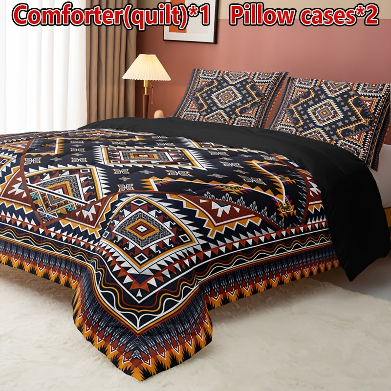 3-Piece Bohemian Plaid Quilt Set with Pillowcases All-Season Breathable Bedding