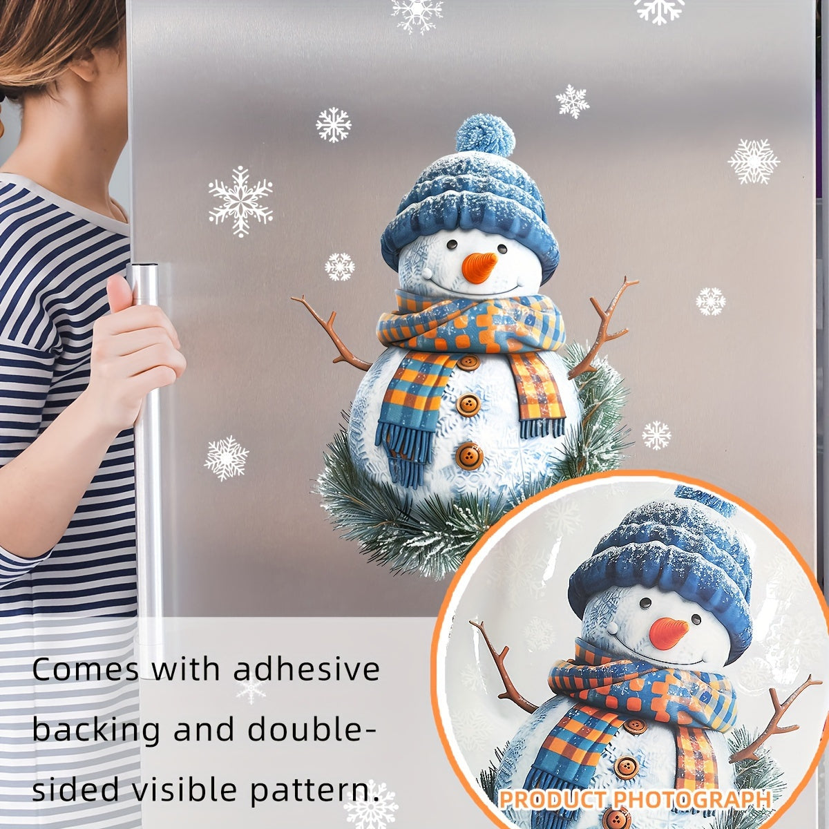 Double-Sided Christmas Snowman Window Cling Blue Hat Scarf Holiday Decor