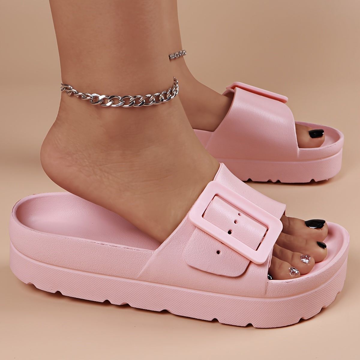 Women's Flat Sandals Adjustable Buckle EVA Slides Black Pink Summer