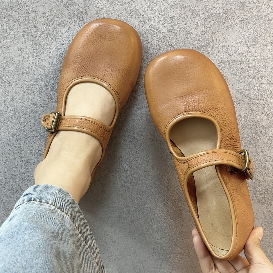 Women's Leather Mary Jane Flats Casual Shoes Adjustable Strap Lightweight