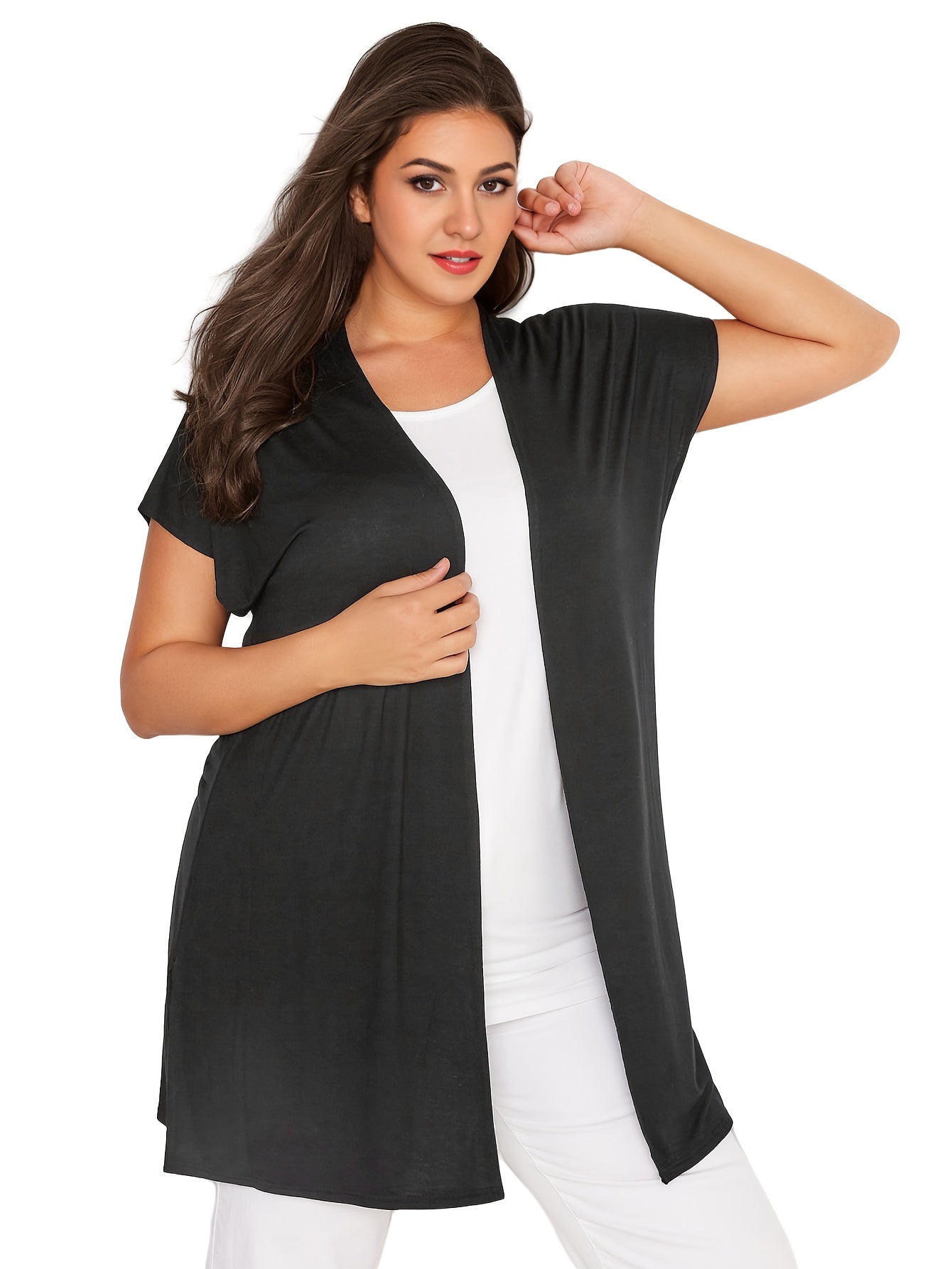Plus Size Women's Loose Casual Cardigan with Side Splits and Grown-On Sleeve