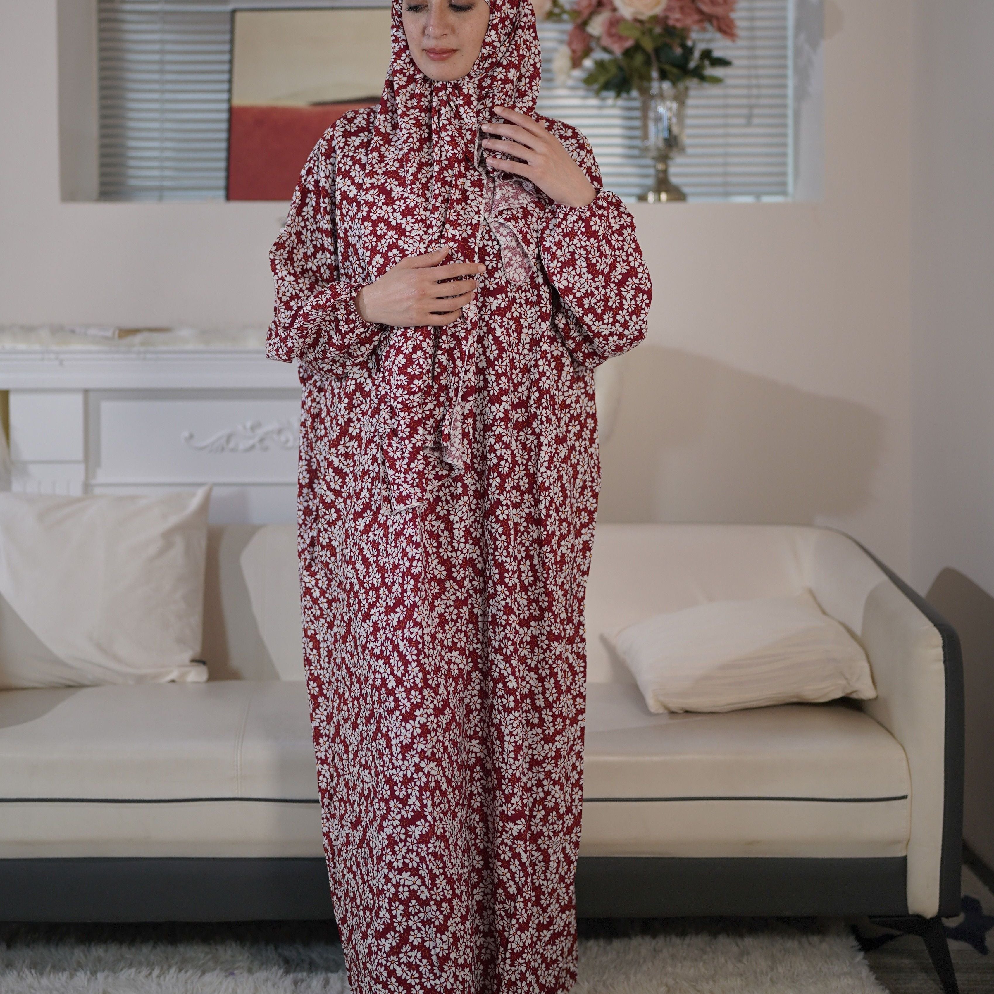 Plus Size Women's Abaya Muslim Prayer Shawl Printed Hijab Dress