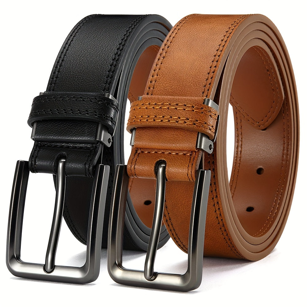 Men's Genuine Leather Belts Adjustable 3.17cm Width Square Buckle for Jeans Dress Pants Black Brown Set