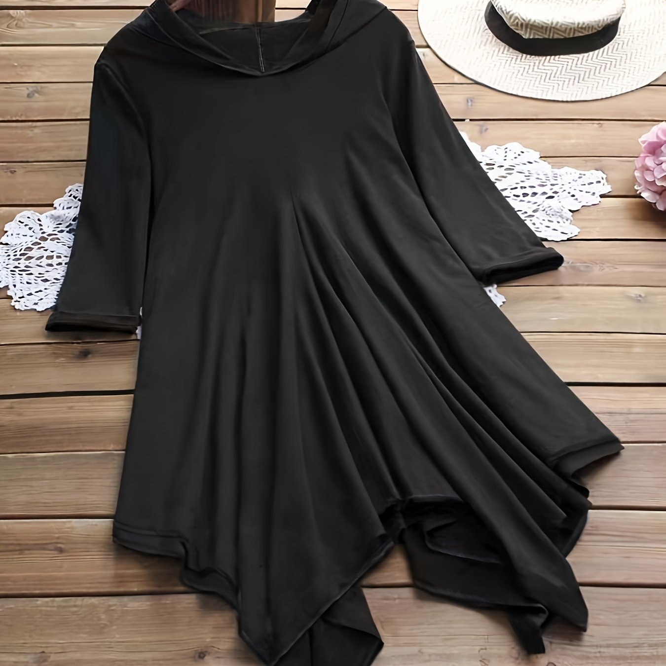 Women's Casual Polyester Blend Hoodie with Asymmetrical Hem and Kangaroo Pocket