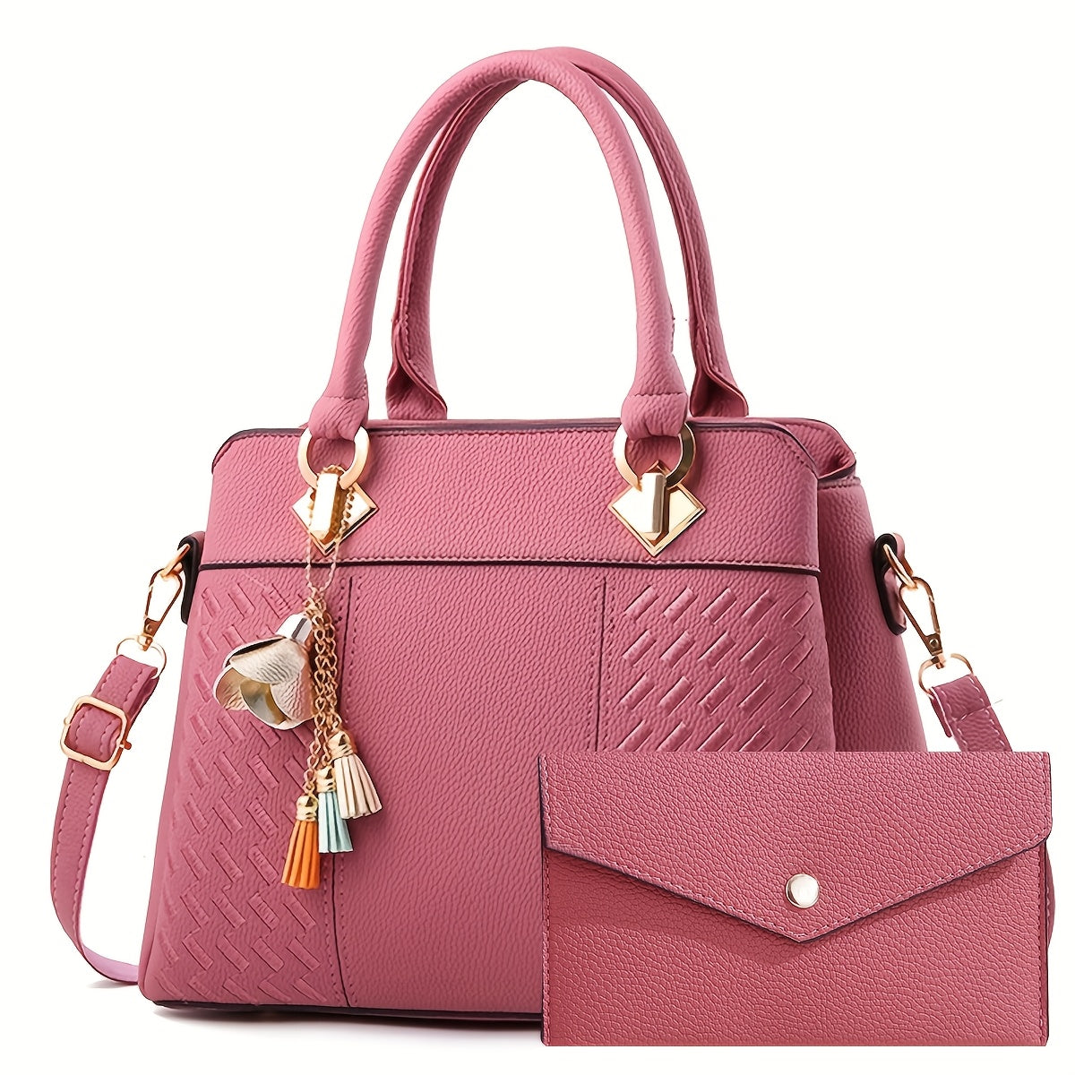 Women's Black Tote Bag Set with Removable Strap Zipper Closure and Polyester Lining