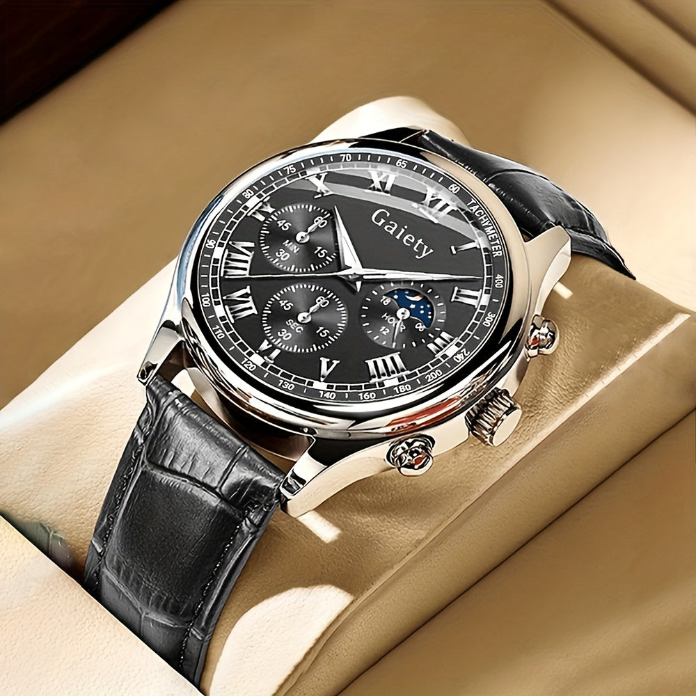 Reloj de cuarzo para hombre con correa de cuero sintético, caja de aleación, batería no recargable, moda, negocios, deporte