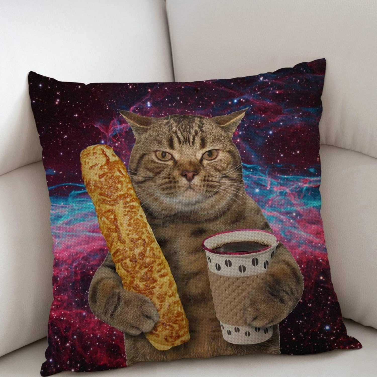 Galaxy Cat Decorative Throw Pillow Cover 45cm Square Funny Feline Baguette Coffee