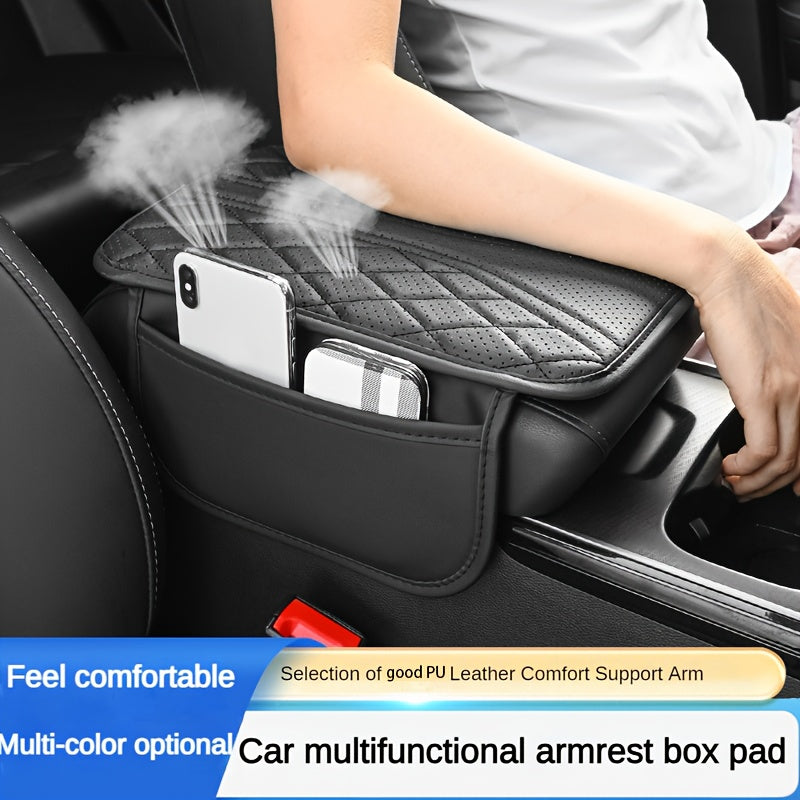 PU Leather Car Armrest Cushion with Ventilation Holes and Side Pockets