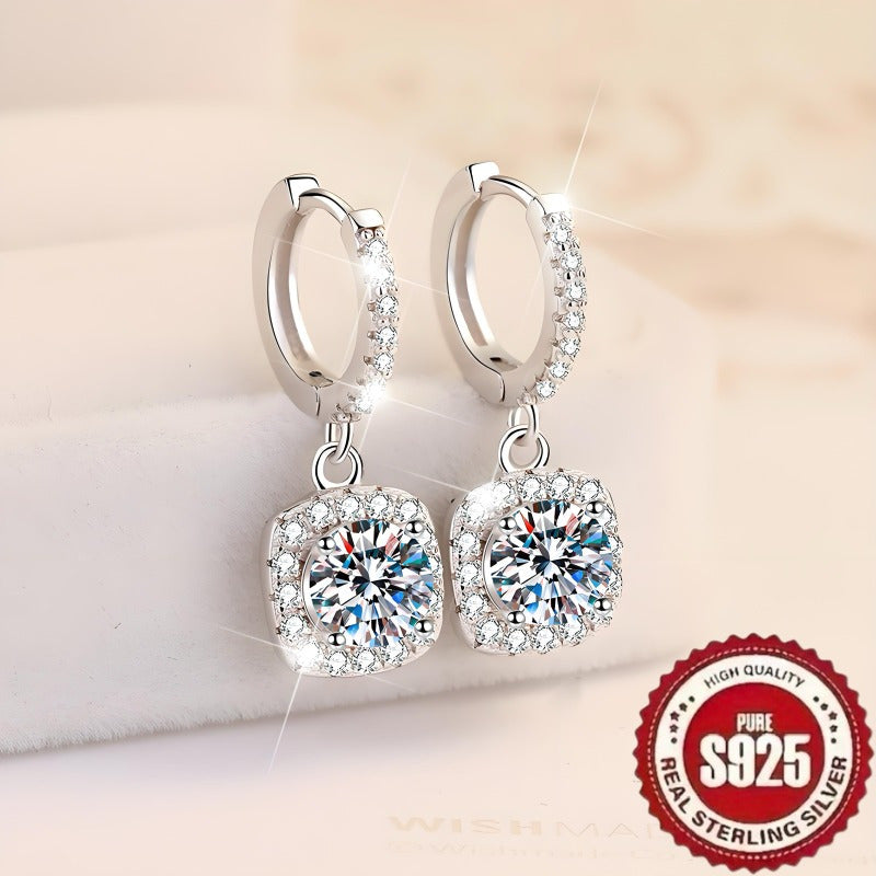 Sterling Silver Square Pendant Earrings with Synthetic Zirconia Retro Elegant Design