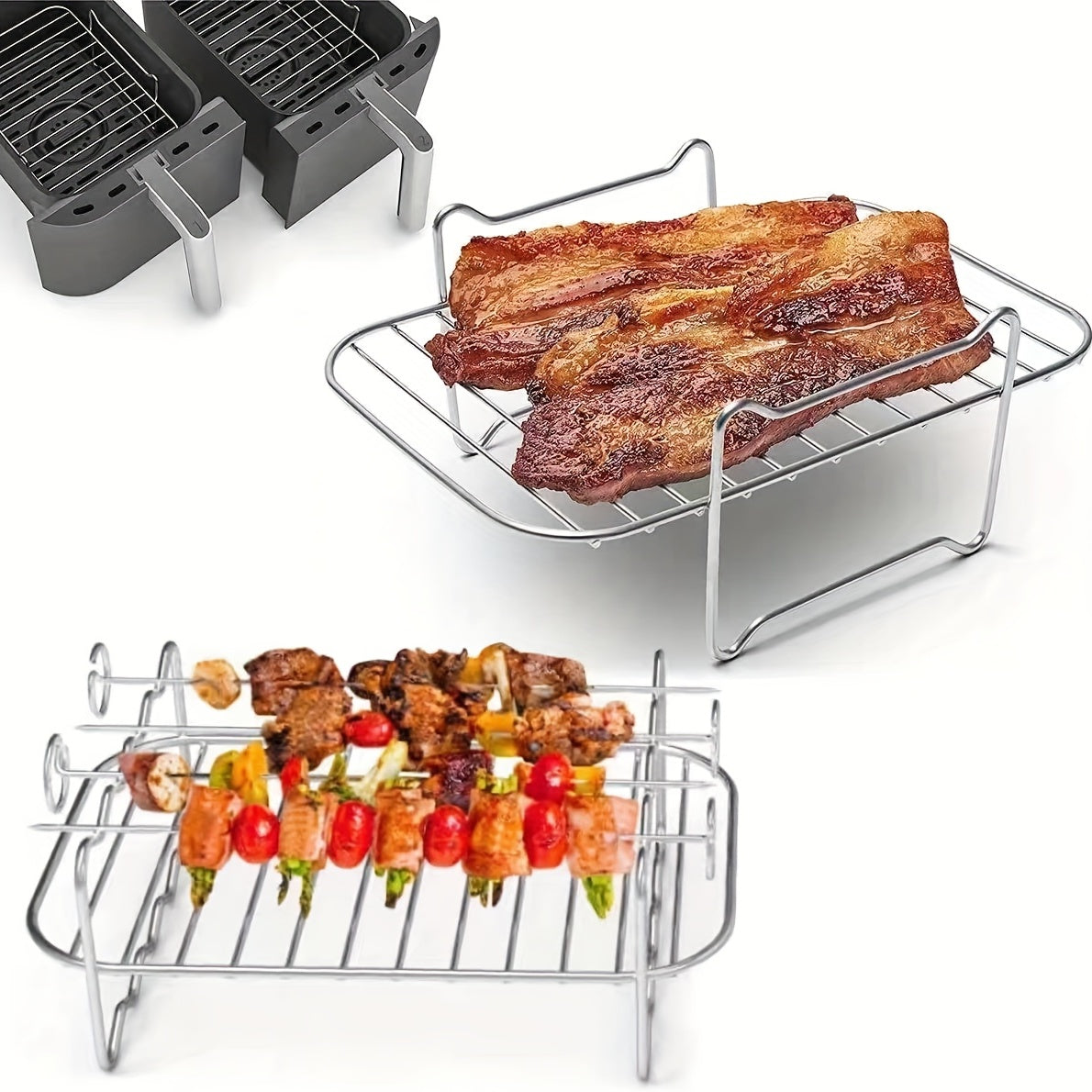 Double Layer Stainless Steel Air Fryer Rack with Skewers for Holidays