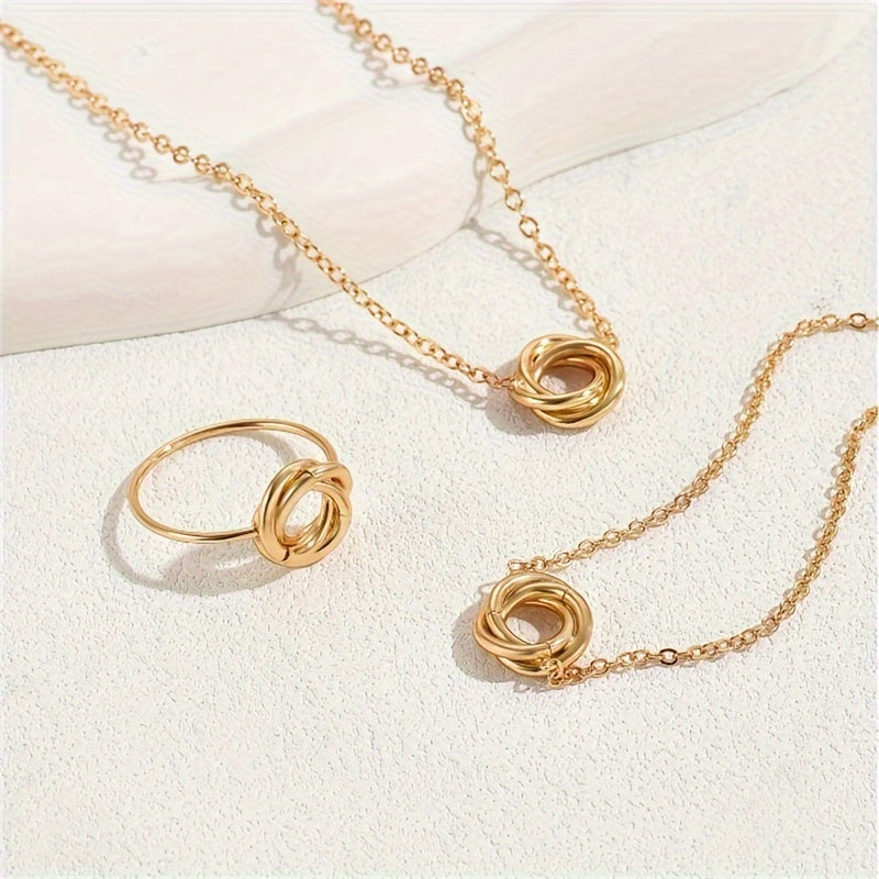 Women’s Iron Jewelry Set with Necklace Bracelet and Ring Elegant 3-Piece Twisted Flower Circle