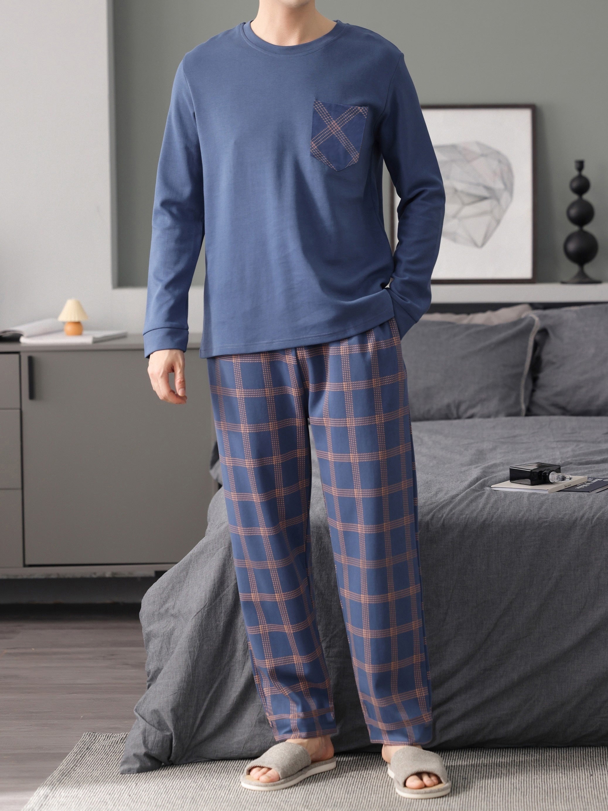 Conjunto de pijama de cuadros para hombre, camiseta de manga larga, cuello redondo, pantalones cortos, ropa de descanso y pijamas