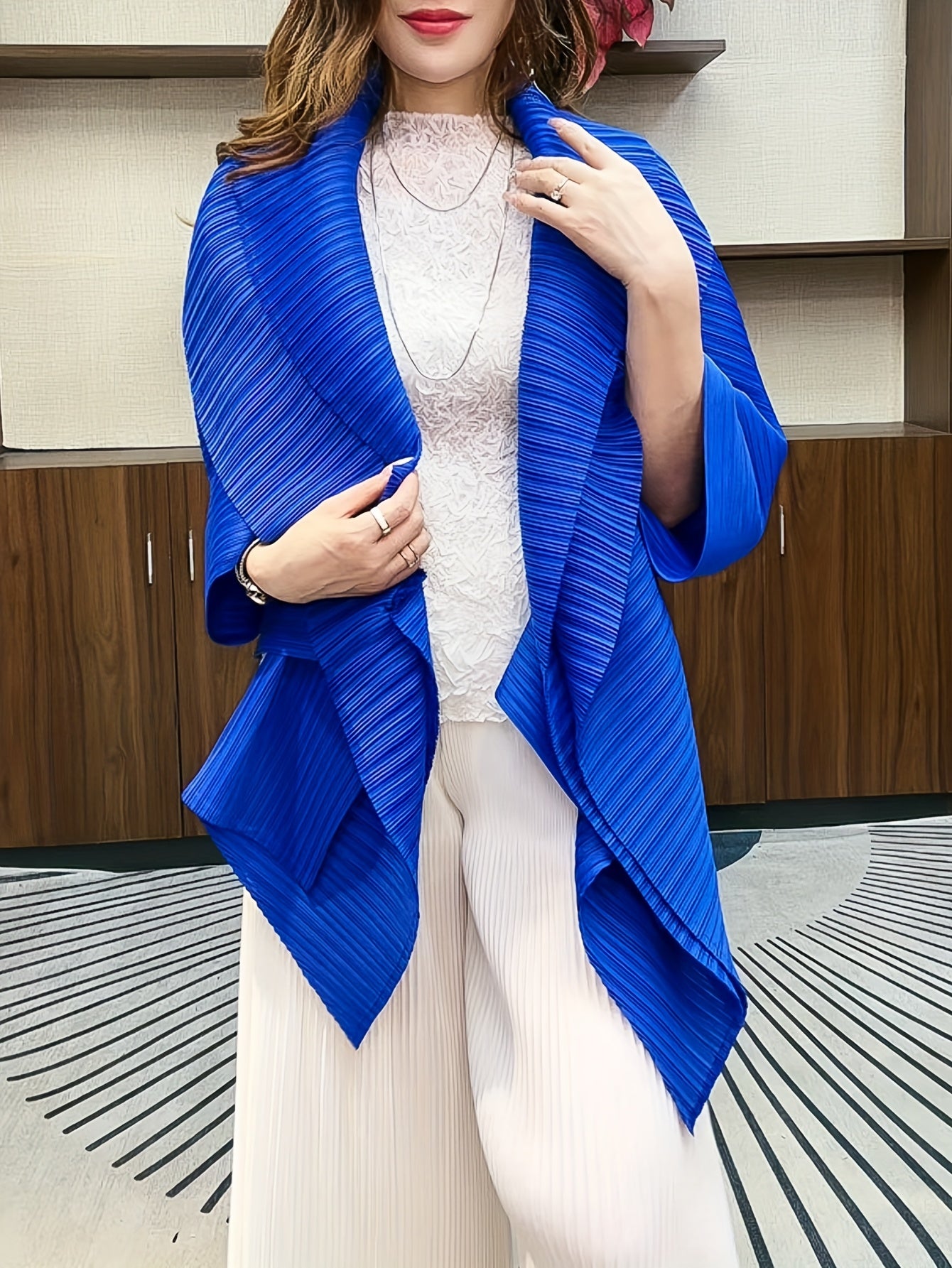 Plus Size Women's Blue Ribbed Cardigan Open Front Short Jacket Spring Fall Casual Formal